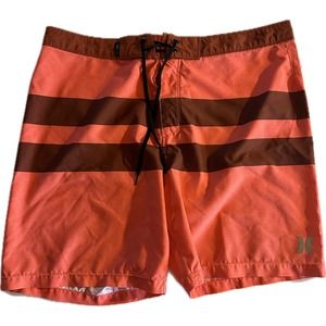 Hurley Phantom Block Party Swim Shorts Men's 34 Orange Striped Beach‎ Surf